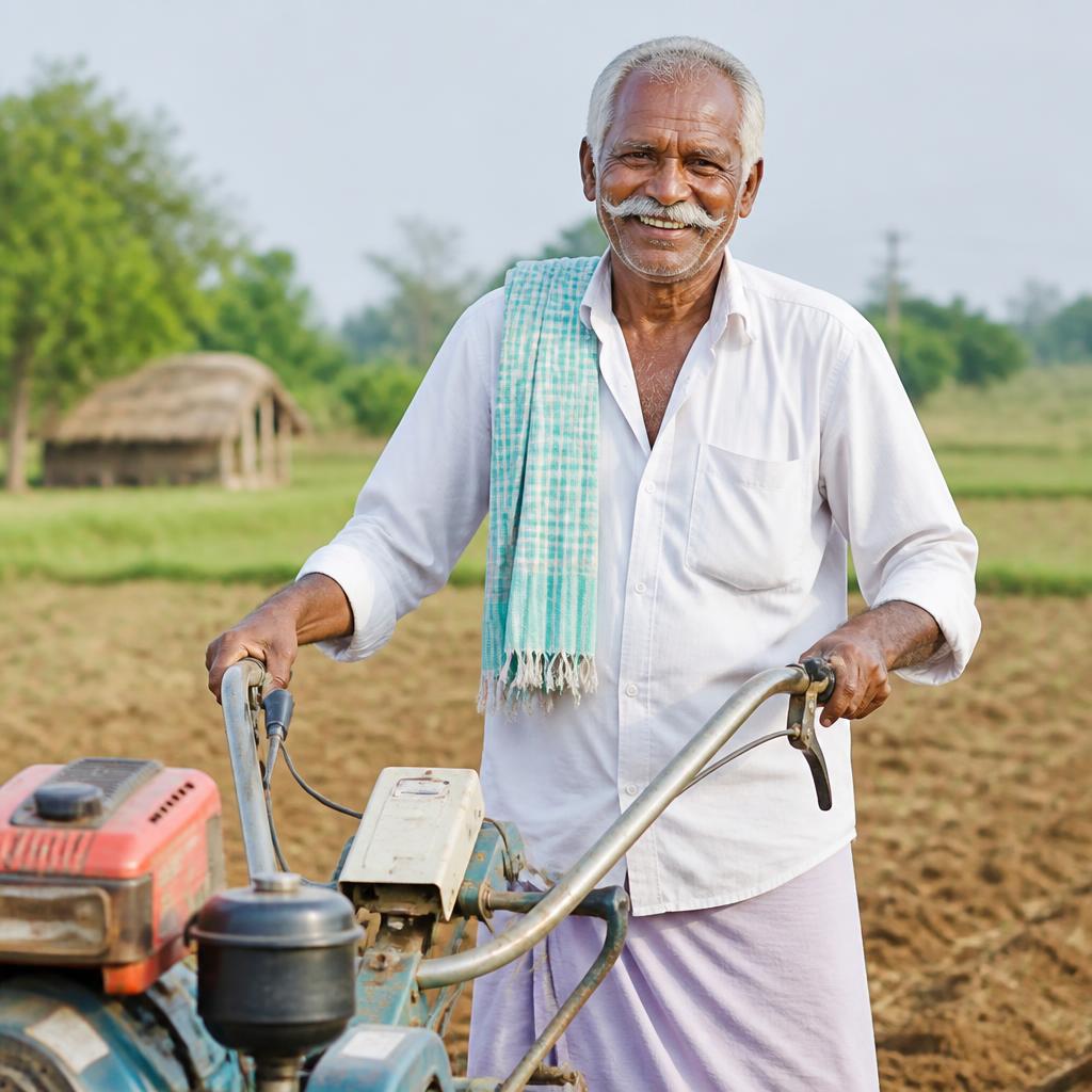 Elderly Telugu farmer smiling while operating a power tiller in his field